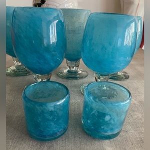 Crate & Barrel Calypso Goblet Set w/ two votives in Aqua Blue